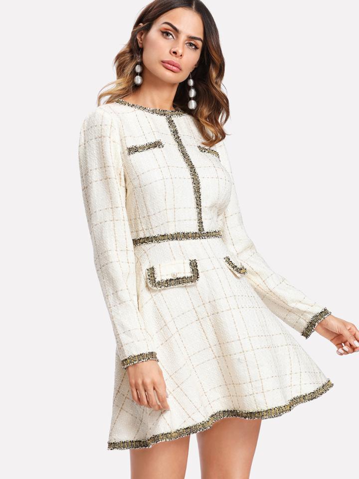 Romwe Fringe And Pearl Embellished Tweed Dress