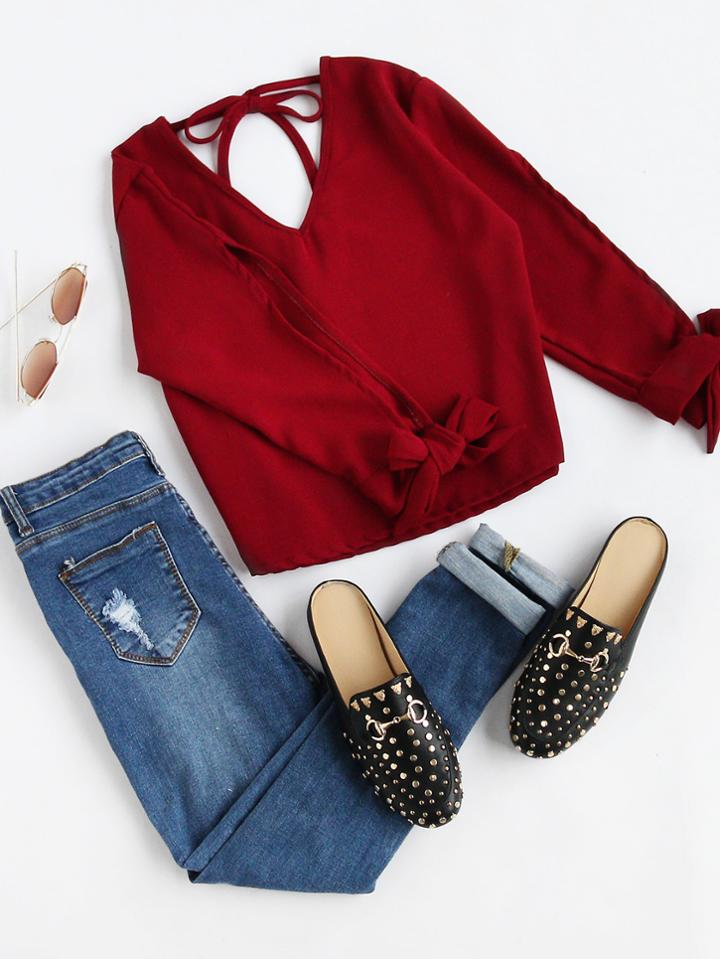 Romwe Self Tie Back Bow Tie Split Sleeve Blouse