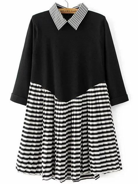 Romwe Black Striped 2 In 1 Pleated Dress