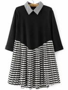 Romwe Black Striped 2 In 1 Pleated Dress