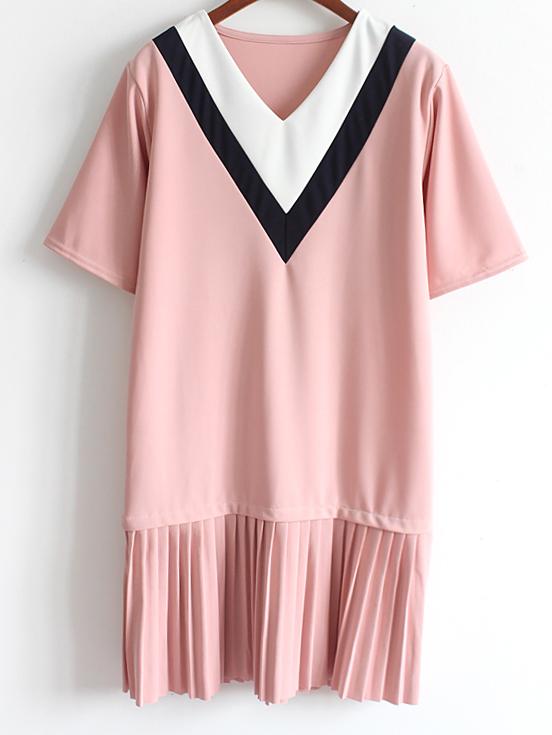 Romwe Color Panel V-neck Pleated Chiffon Trimmed Dress - Pink