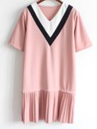 Romwe Color Panel V-neck Pleated Chiffon Trimmed Dress - Pink
