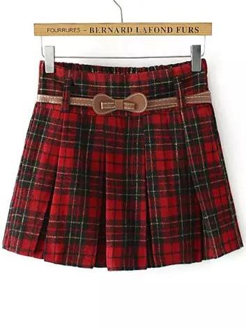 Romwe Plaid Belt Pleated Red Skirt