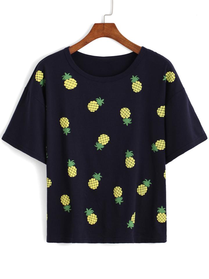 Romwe Pineapple Print Loose T-shirt