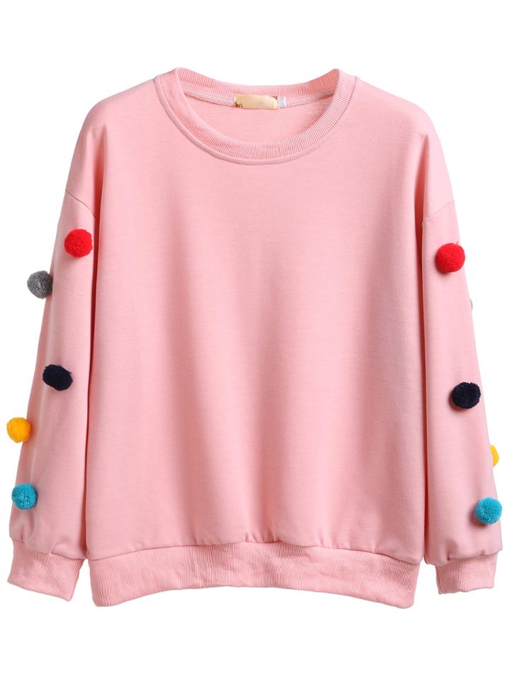 Romwe Pink Dropped Shoulder Seam Pom Pom Sweatshirt