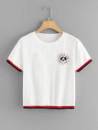 Romwe Graphic Print Striped Trim Tee