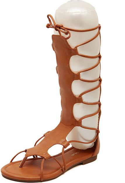 Romwe Brown Lace Up Tall Flip Flat Sandals