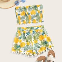 Romwe Pineapple Print Shirred Bandeau With Pompom Trim Shorts