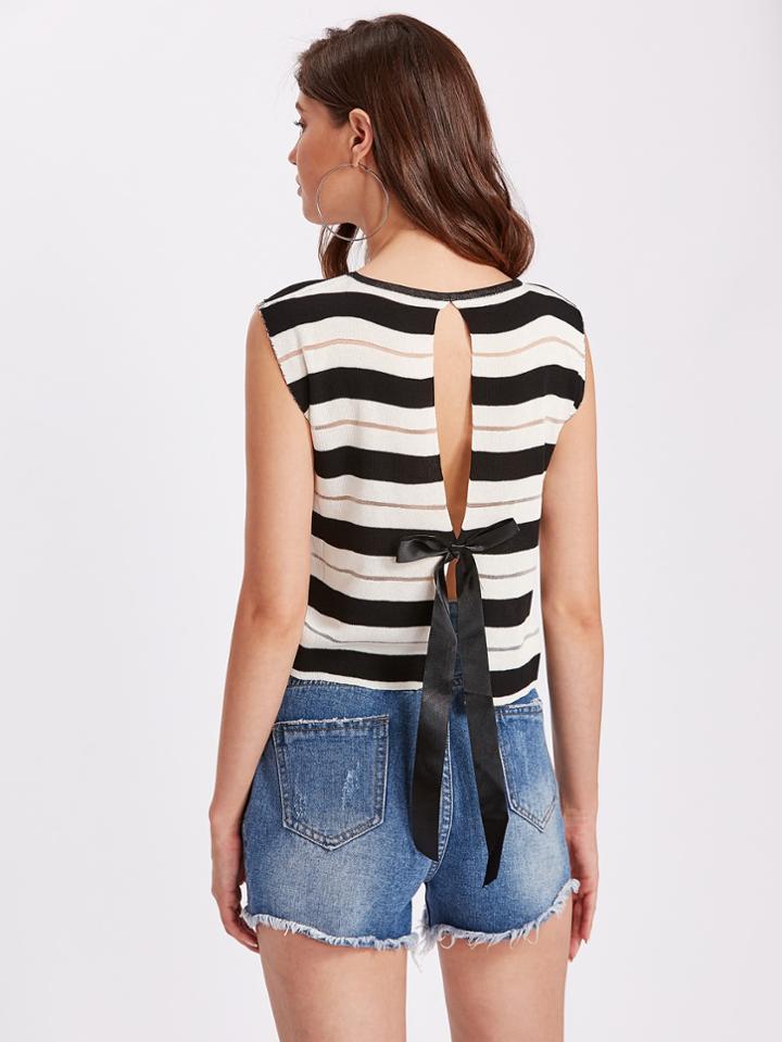 Romwe Striped Bow Tie Open Back Top