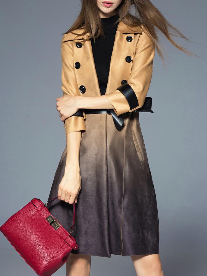 Romwe Khaki Lapel Tie-waist Pockets Gradient Coat