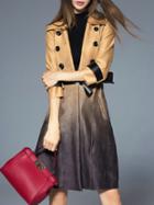 Romwe Khaki Lapel Tie-waist Pockets Gradient Coat
