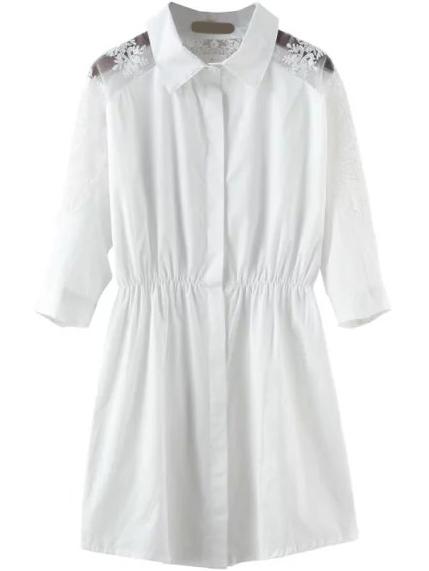 Romwe Lapel Lace Insert Shirt White Dress