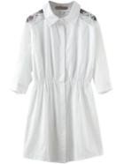 Romwe Lapel Lace Insert Shirt White Dress