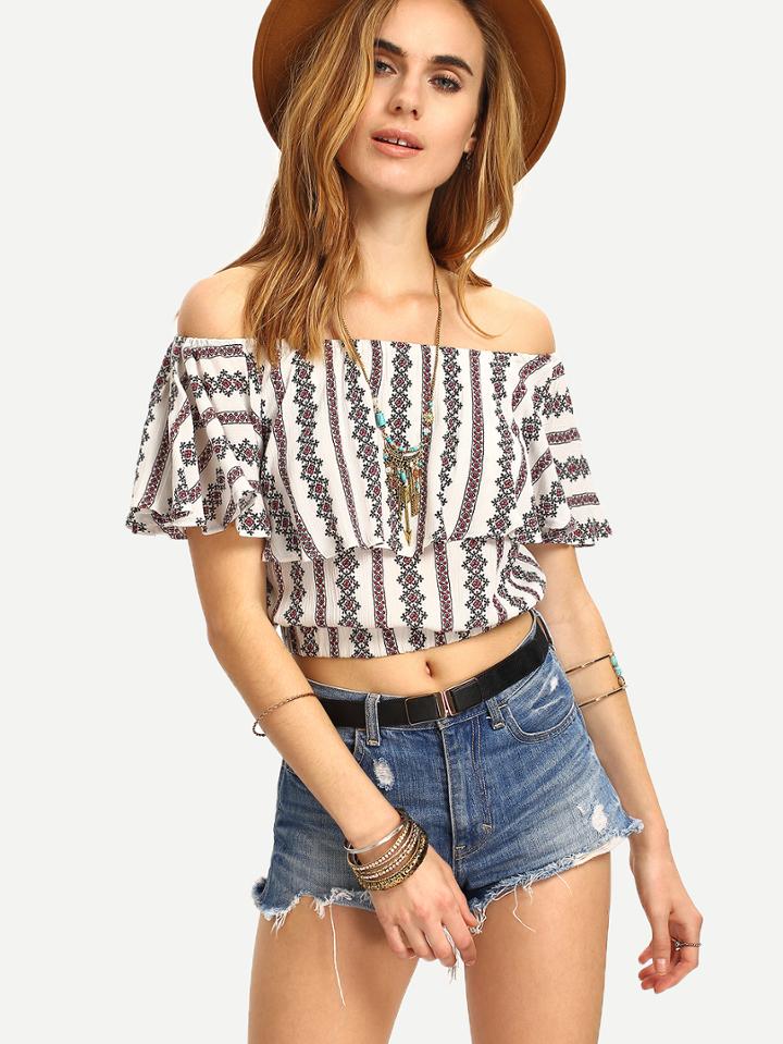 Romwe Ruffled Off-the-shoulder Tribal Print Crop Top