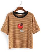 Romwe Striped Apple Print Khaki T-shirt