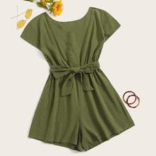 Romwe Solid Zipper Back Belted Romper