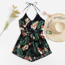 Romwe Floral Print Halter Jumpsuit