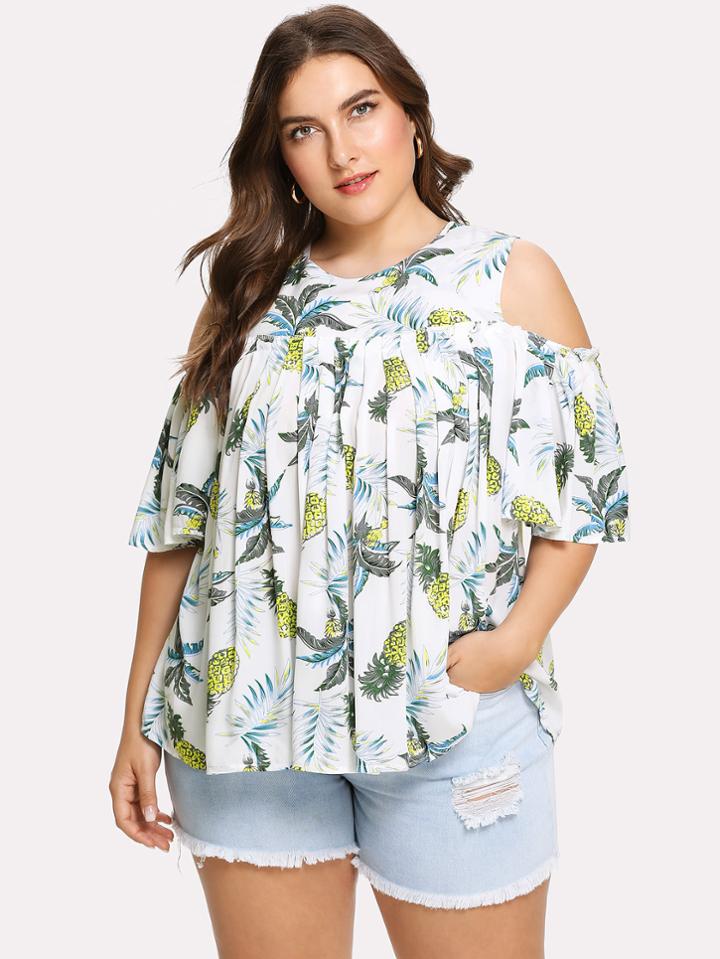 Romwe Random Pineapple Print Open Shoulder Blouse