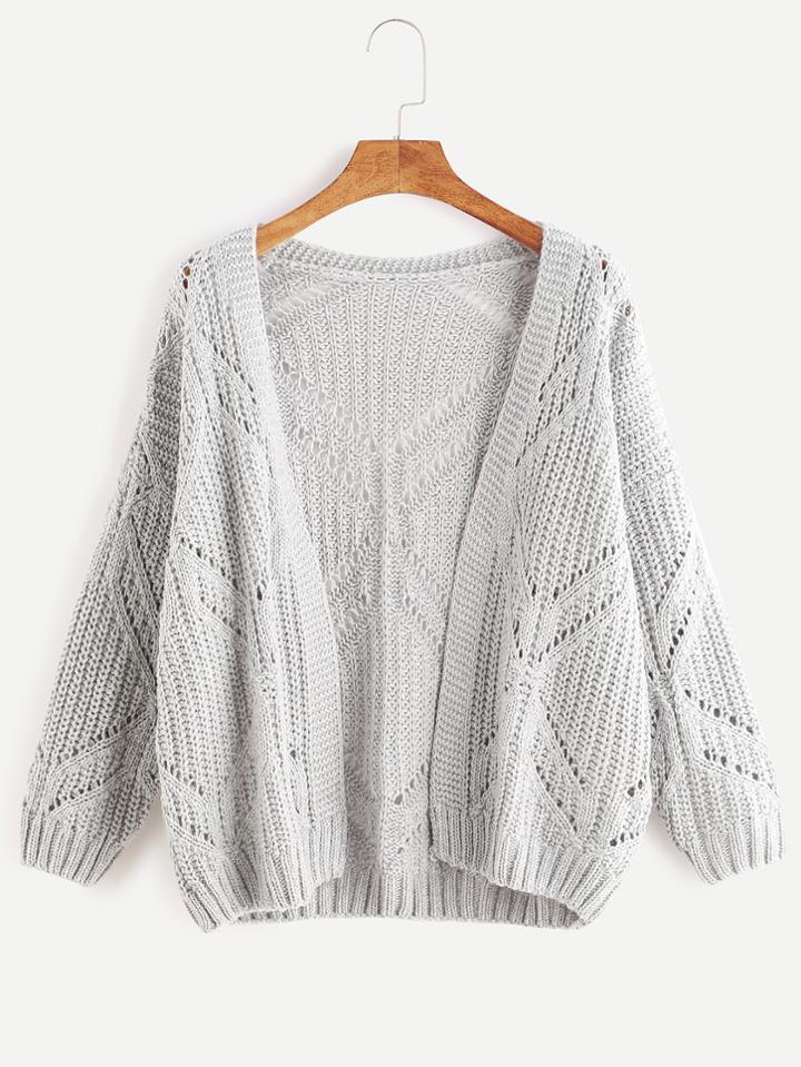 Romwe Pale Grey Open Front Drop Shoulder Hollow Cardigan