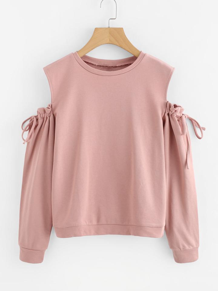 Romwe Cold Shoulder Drawstring Sleeve Sweatshirt