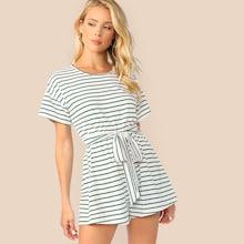 Romwe Drop Shoulder Self Belted Striped Playsuit