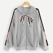 Romwe Plus Striped Sleeve Zipper Up Hoodie