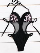 Romwe Black Leopard Print Mesh Design Monokini