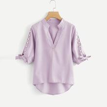 Romwe Plus V Neckline Pearl Beaded Dip Hem Blouse