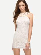 Romwe White Caged Neck Lace Overlay Dress