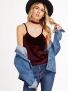 Romwe Deep Red Velvet Cami Top With Choker