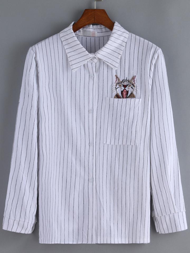Romwe Lapel Vertical Striped Cat Embroidered White Blouse