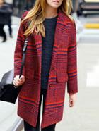 Romwe Lapel Striped Striped Long Red Coat