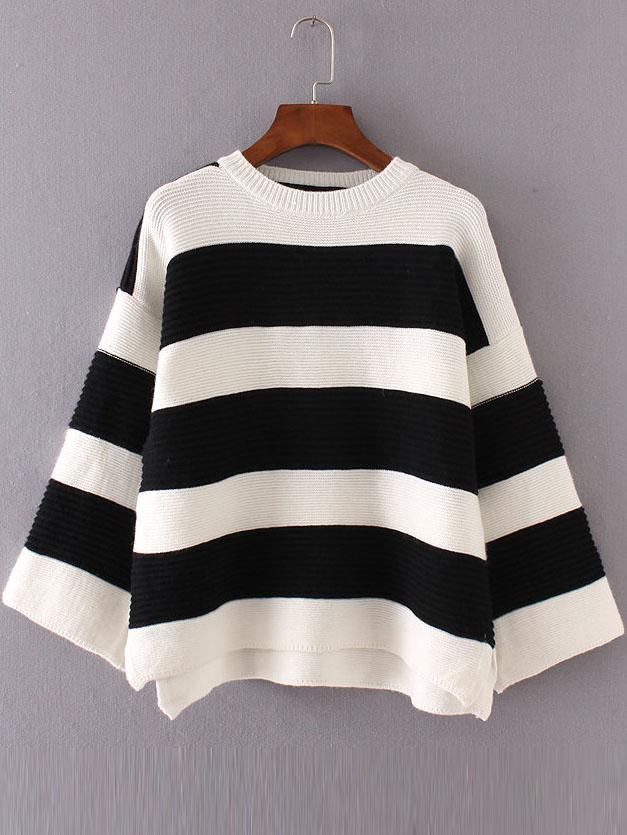 Romwe Black Striped Ribbed Side Slit High Low Sweater