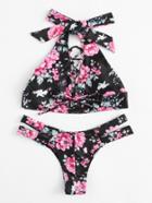 Romwe Flower Print Lace Up Bikini Set