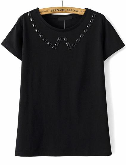 Romwe With Bead Round Neck Black T-shirt