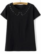 Romwe With Bead Round Neck Black T-shirt
