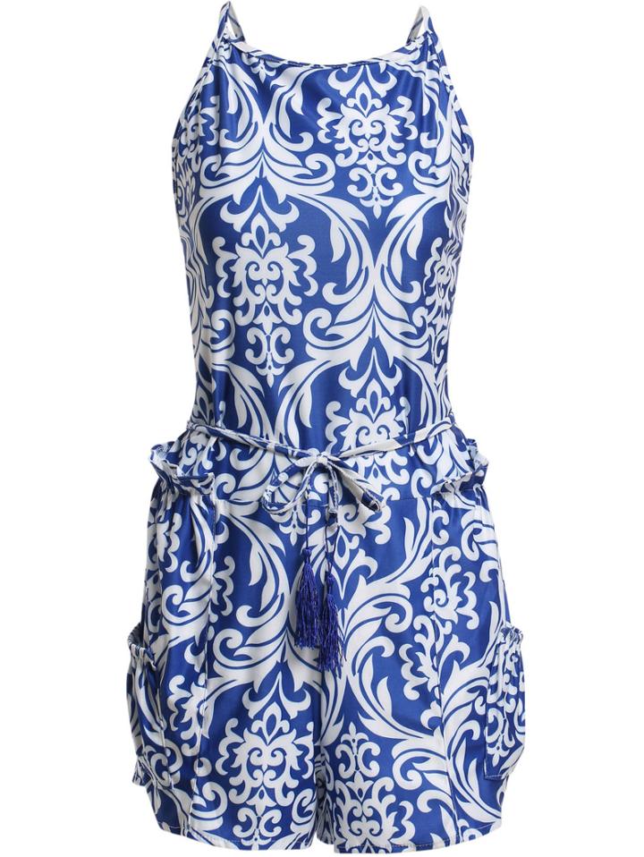 Romwe Halter Blue And White Porcelain Print Romper