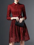 Romwe Burgundy Lapel Tie-waist Contrast Lace Dress