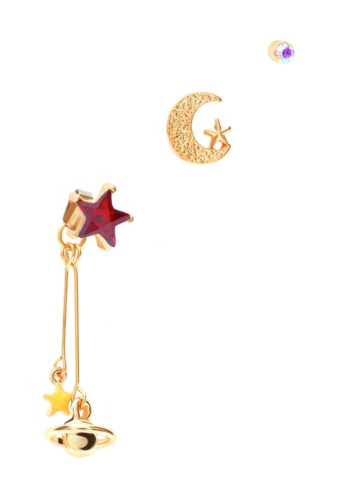 Romwe Gold Tone Star And Planet Charm Earring Set