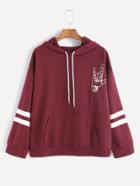 Romwe Burgundy Gesture Print Varsity Striped Hooded Sweatshirt