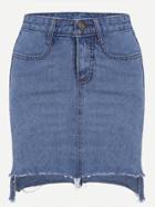 Romwe Blue Asymmetric Fray Hem Denim Skirt