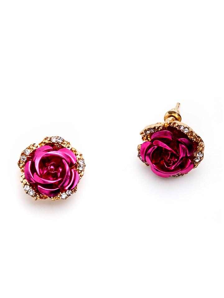 Romwe Gold Tone Gem Inlay Rose Shaped Stud Earrings