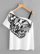 Romwe Butterfly Print Oblique Shoulder Tee With Strap Detail