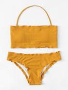 Romwe Lettuce Trim Ribbed Bikini Set