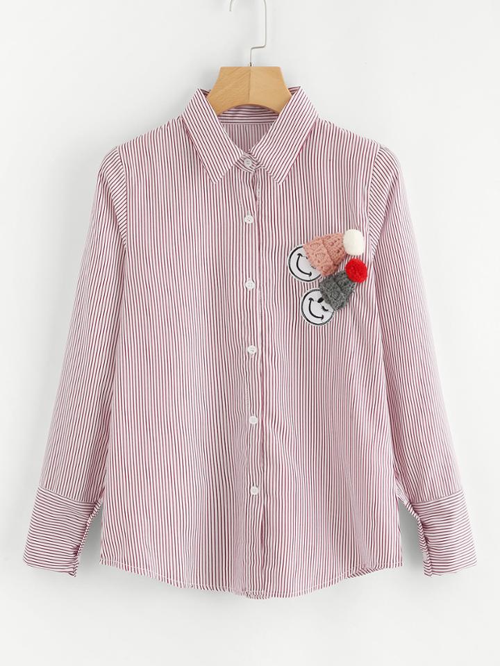 Romwe Patch Detail Striped Shirt