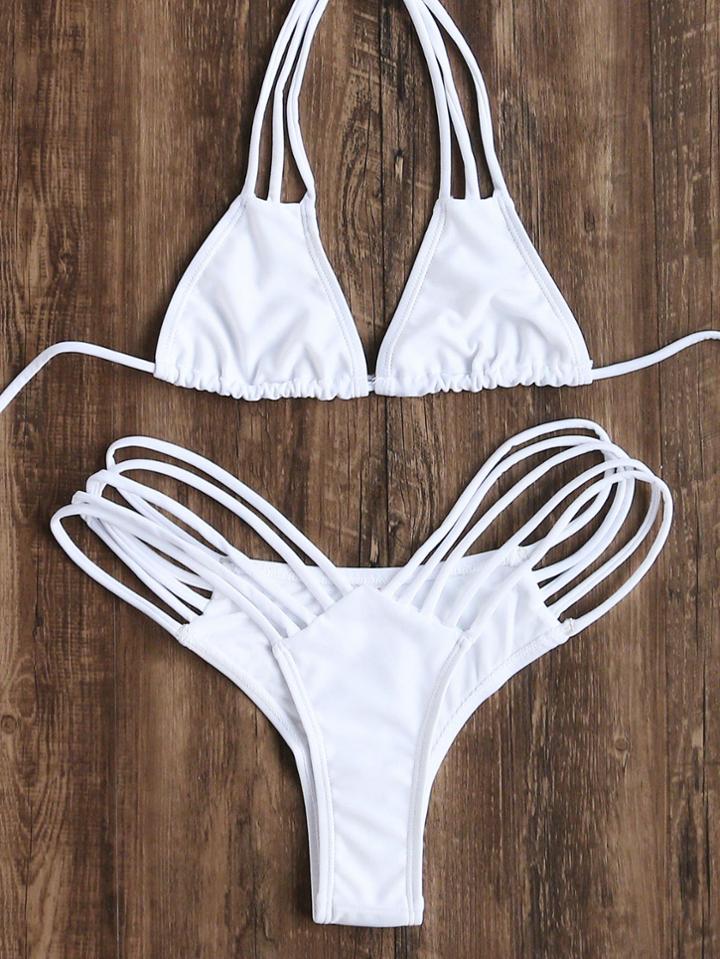 Romwe White Strappy Triangle Bikini Set