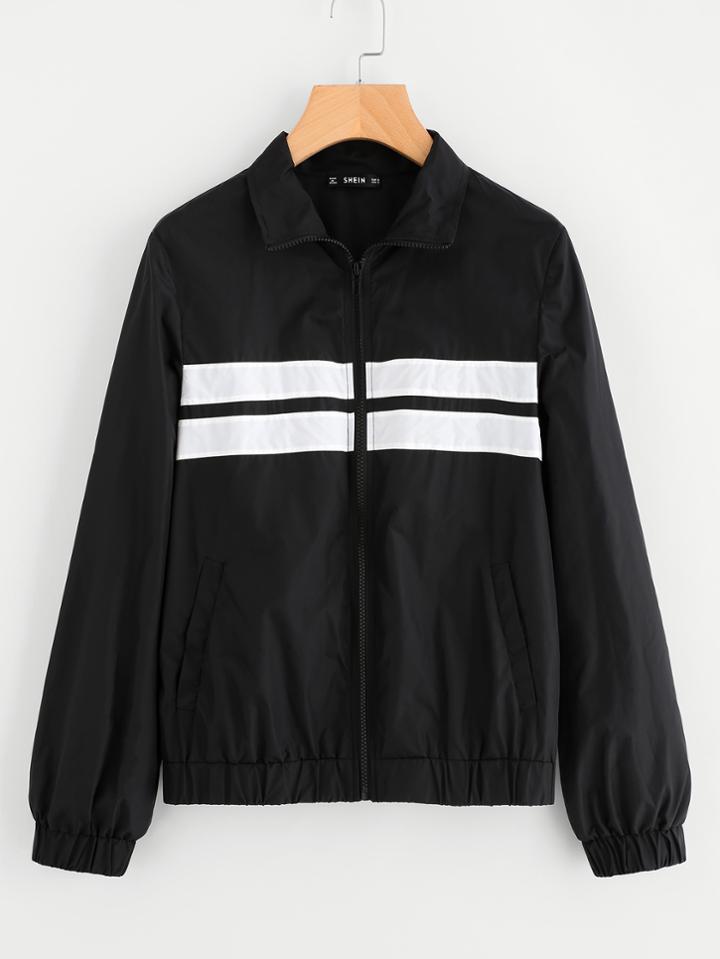 Romwe Striped Panel Front Windbreaker Jacket