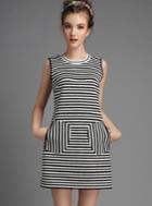 Romwe Black White Sleeveless Striped Pockets Dress