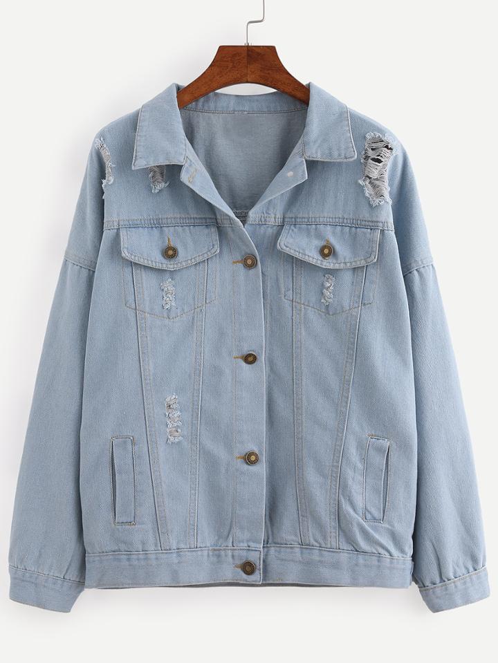 Romwe Buttoned Front Ripped Light Blue Denim Outerwear