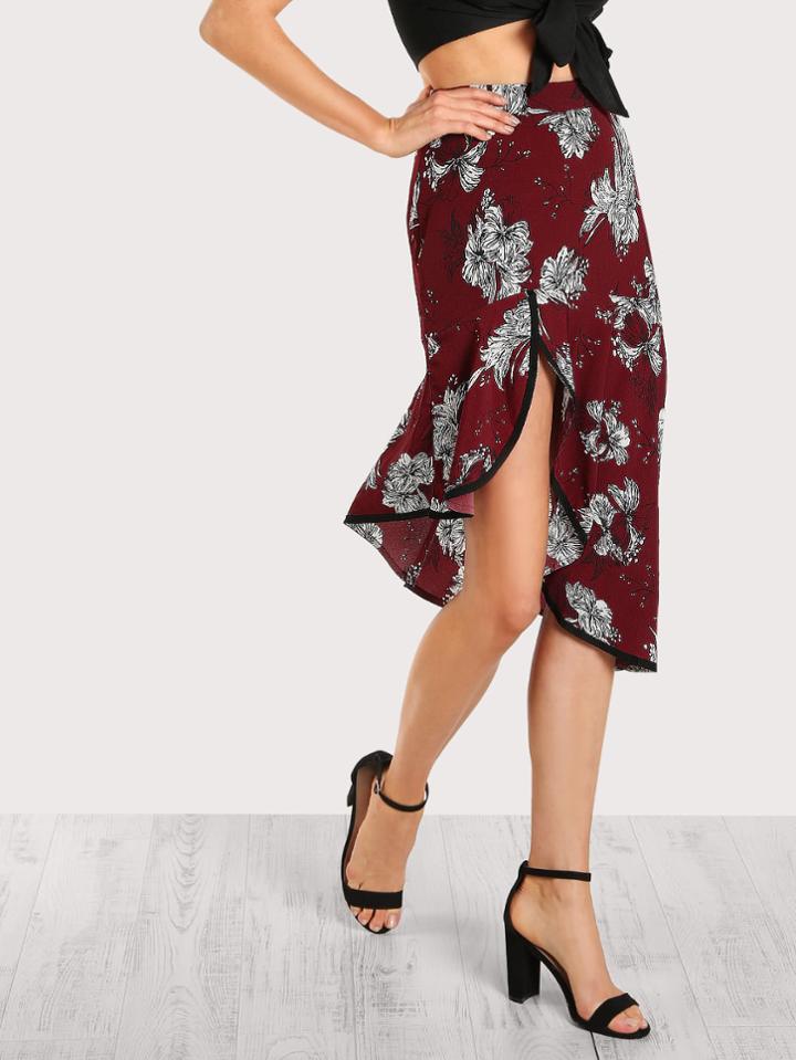 Romwe Contrast Binding Asymmetric Ruffle Hem Skirt